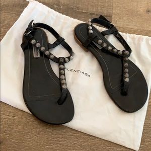 balenciaga black leather silver studded sandals